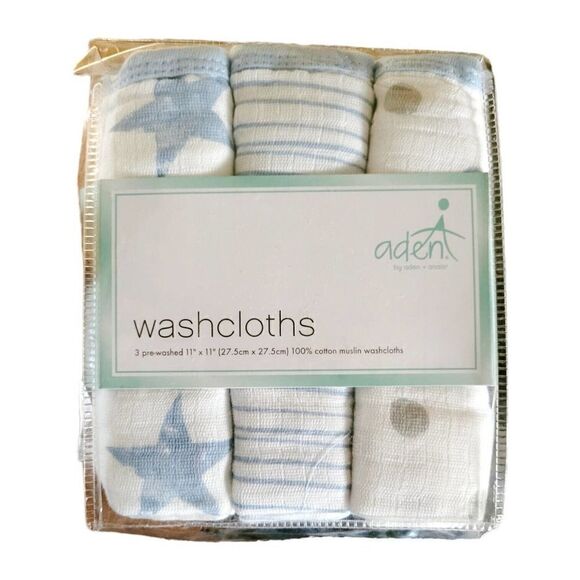 Aden and Anais Cotton Muslin Washcloths, 3 Pack Dapper Blue Gray Stars & Stripes - Picture 1 of 2
